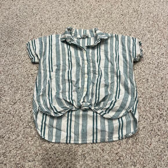American Eagle Striped Button Front Tie Short Sleeve Shirt Sz XXS Green White - Picture 1 of 8